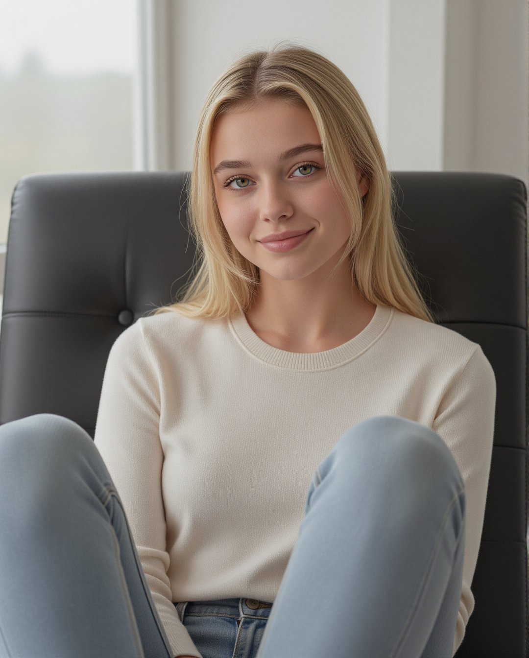 lana sitting in a chair smiling